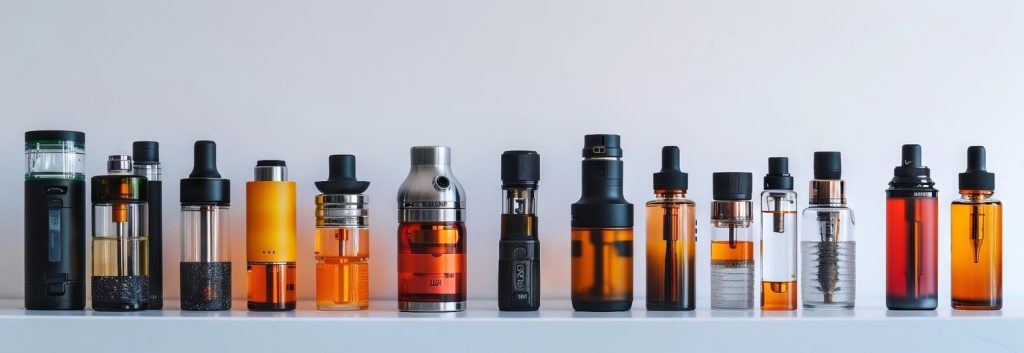 Variety of vape devices and e-liquids on display at a vape store in Tulsa, offering diverse vaping options for enthusiasts.