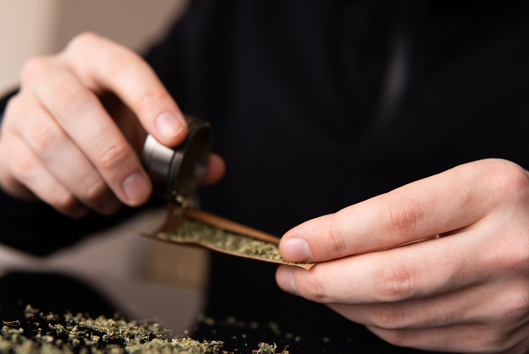 Close-up of hands pouring dry herbs from a grinder onto a wrap. Find the best rolling papers Tulsa wide.
