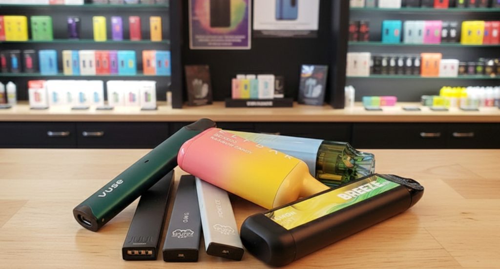 Variety of disposable e-cigarettes Tulsa including Vuse, Elf Bar, and Juul brands displayed on a wooden counter top.