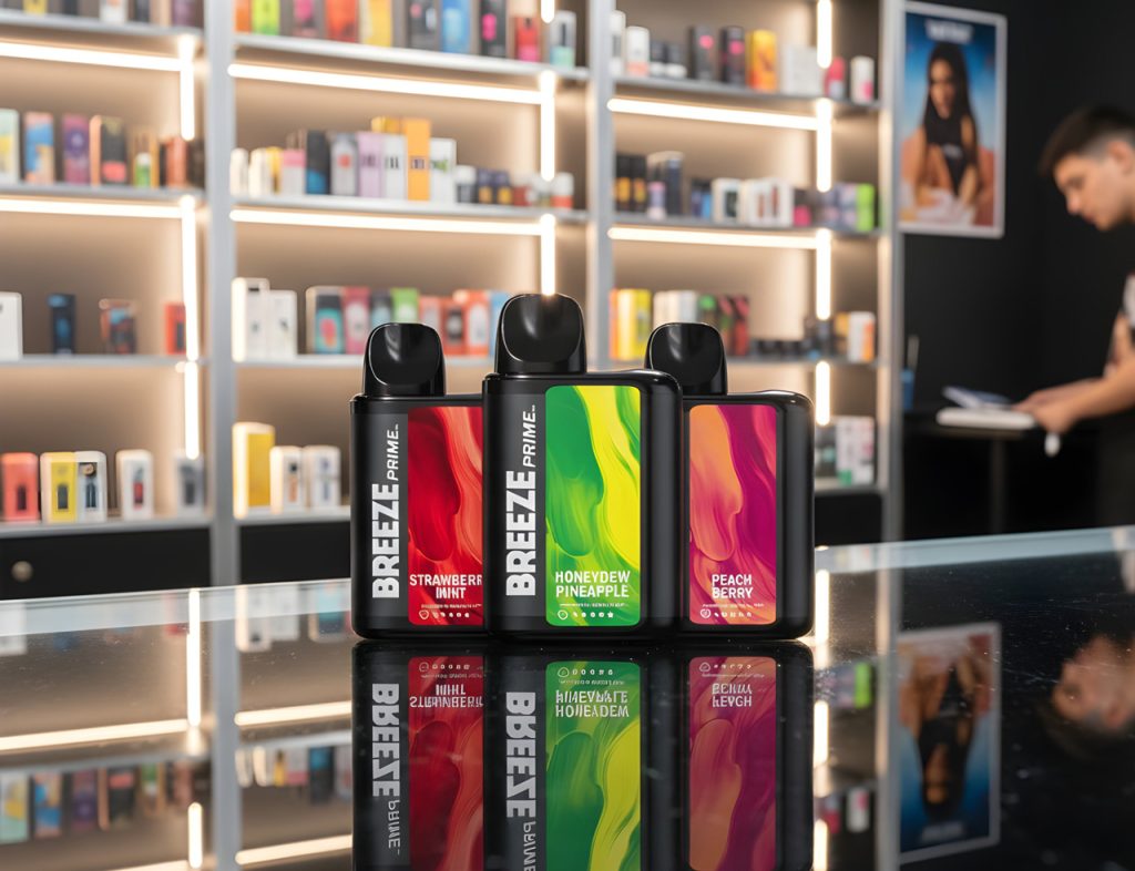Selection of Breeze Prime flavored e-cigarettes Tulsa at a local vape shop featuring Strawberry Mint and Honeydew.