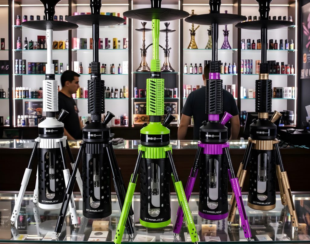 A row of colorful modern hookahs in green, purple, and gold displayed on a glass case at a luxury shisha store Tulsa.