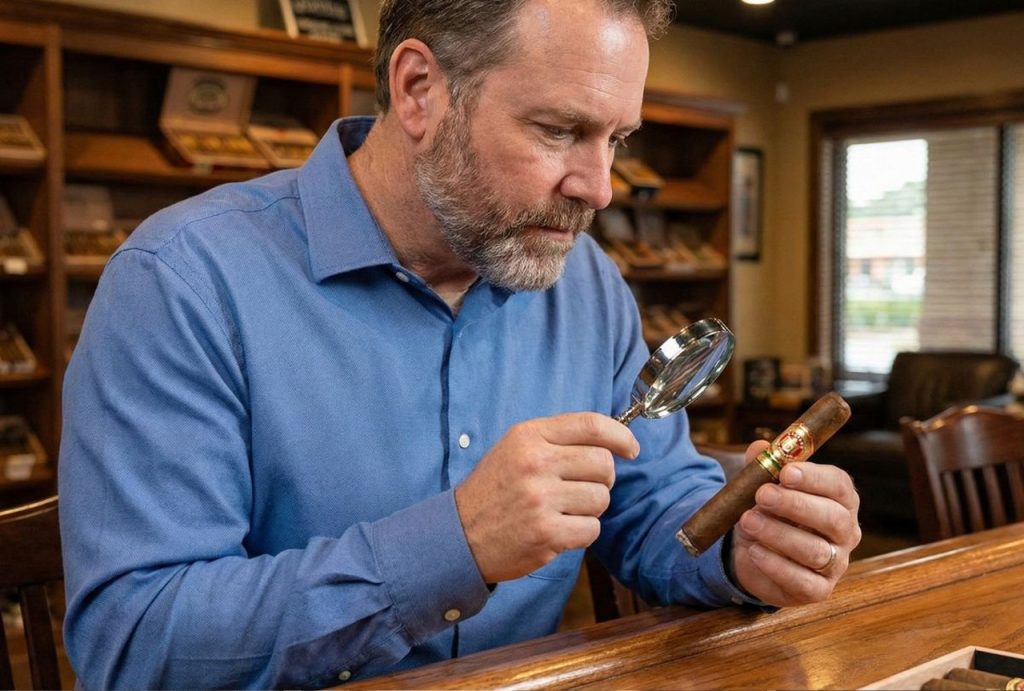 Close-up of a hand holding a premium Arturo Fuente Gran Reserva cigar inside the humidor of a cigar shop Tulsa