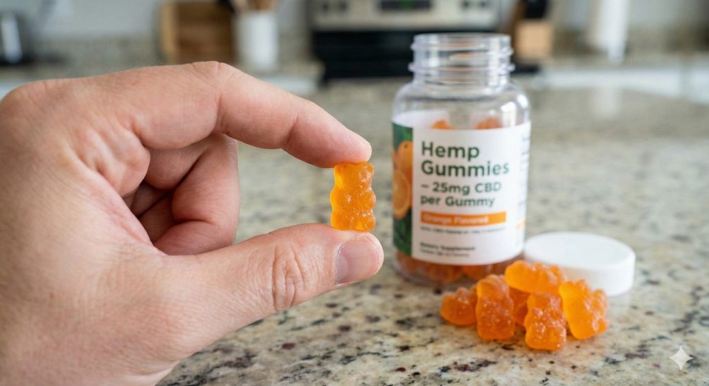 Close-up of 25mg CBD orange gummy held in hand at cbd shop tulsa – premium hemp gummies for wellness and relaxation.
