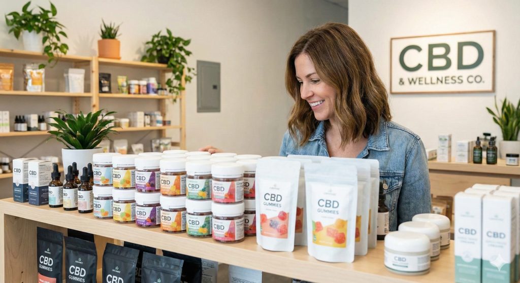 Friendly staff organizing colorful CBD gummies and wellness products at cbd shop tulsa – your local source for premium hemp.