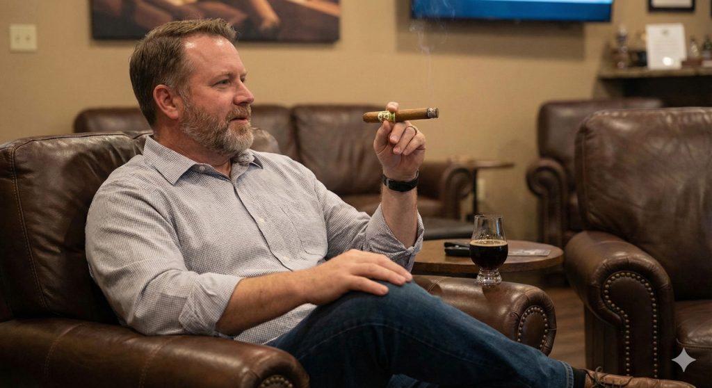 Relaxed gentleman enjoying premium cigar and dark roast in luxurious lounge at cigar store tulsa – perfect spot for aficionados.