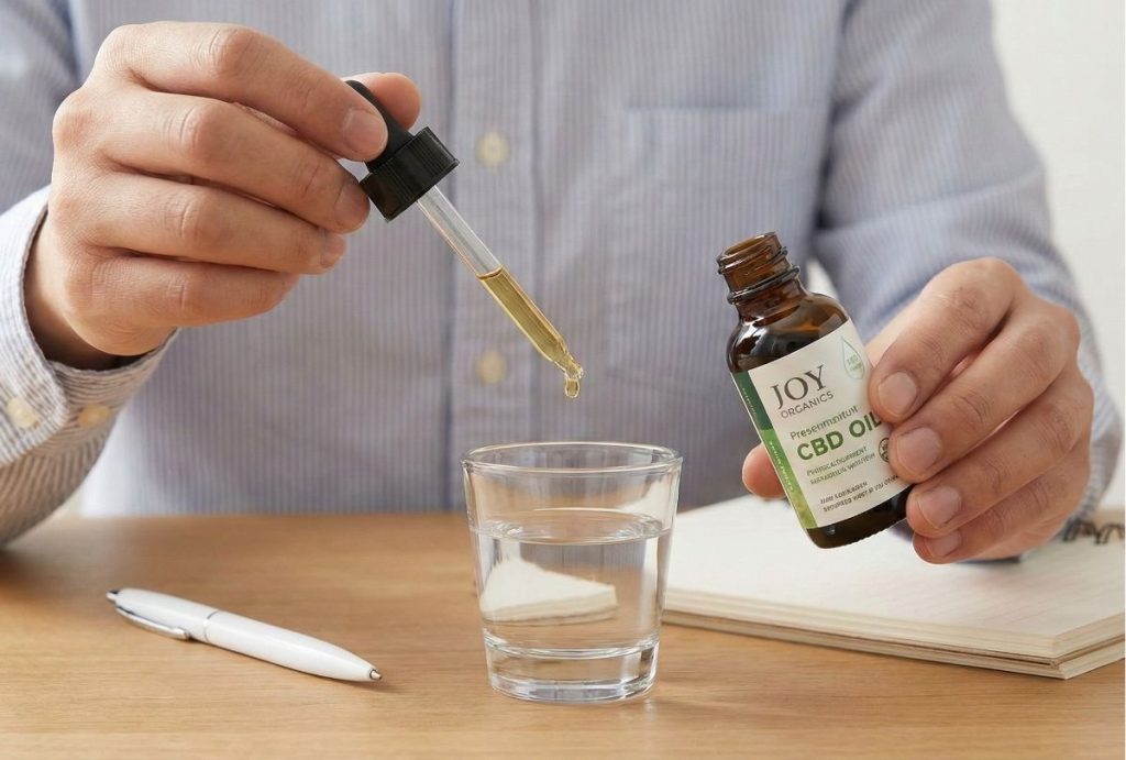 A close-up of a person's hands using a dropper to take Joy Organics CBD oil, a product available at a local CBD store in Sapulpa.
