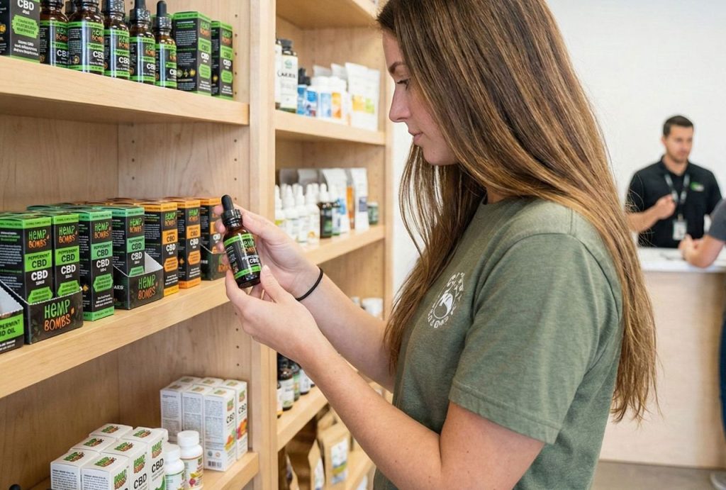 A customer browses CBD products, including Hemp Bombs, inside a well-stocked CBD store Tulsa location.