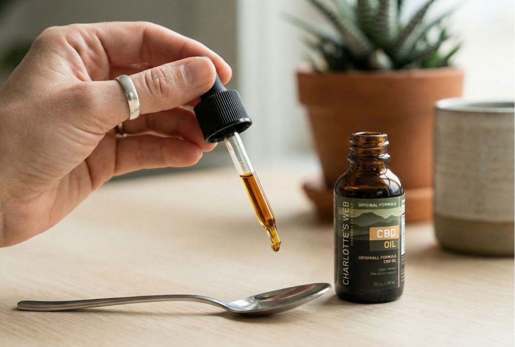 A hand holds a dropper of Charlotte's Web CBD oil over a spoon, showcasing a daily wellness routine with a popular product from a CBD shop in Tulsa
