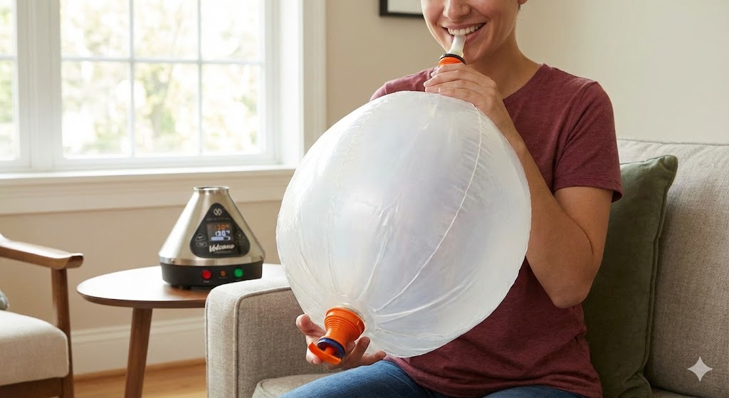 Person inhaling from a Volcano vaporizer balloon, demonstrating the user experience of popular herbal vaporizers available in Tulsa.