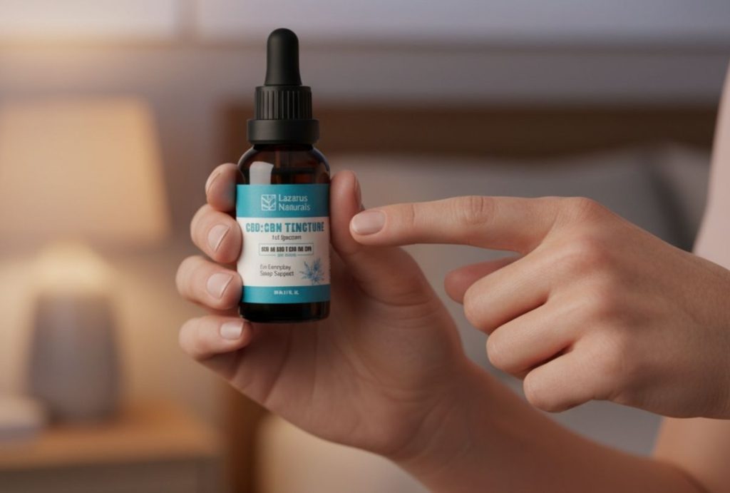 A person's hand pointing to the label of a Lazarus Naturals CBD:CBN Tincture bottle for sleep. Find this product at a cbd store tulsa.