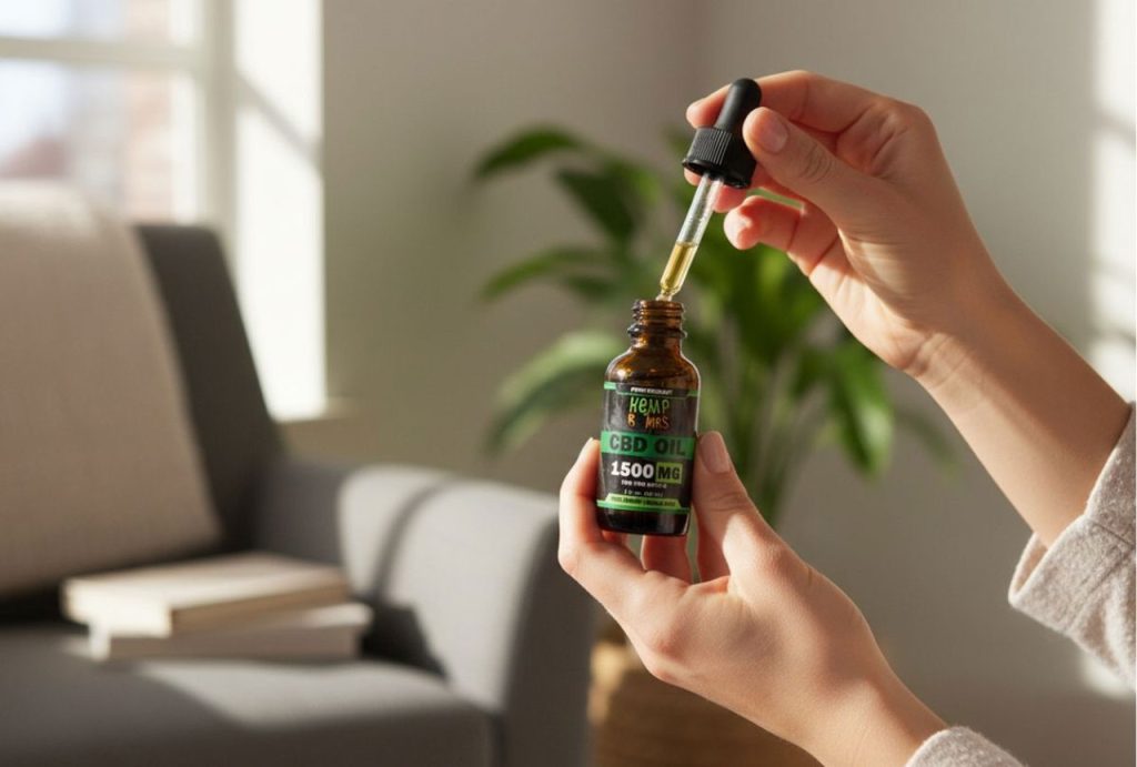 A person uses a dropper for Hemp Bombs 1500mg CBD oil in a home setting, a product from a CBD store Tulsa.