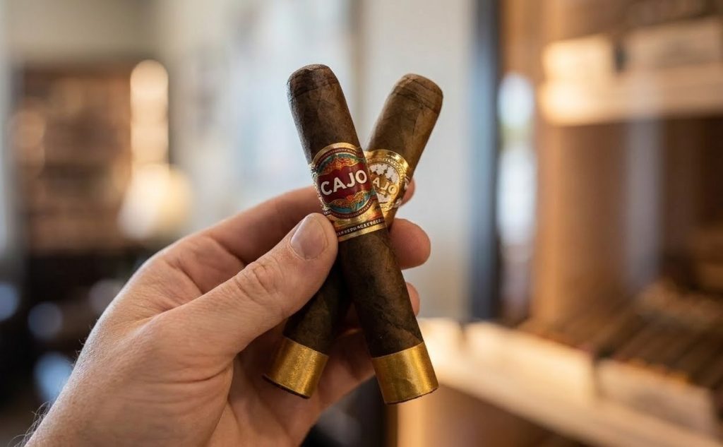 A hand holding two premium CAJO cigars with gold bands, perfect for enthusiasts visiting a local cigar shop Tulsa.