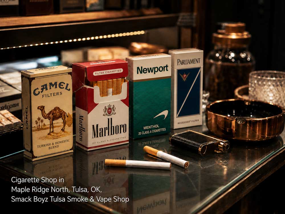 Popular tobacco brands displayed on a glass countertop at a local cigarette shop Tulsa destination.