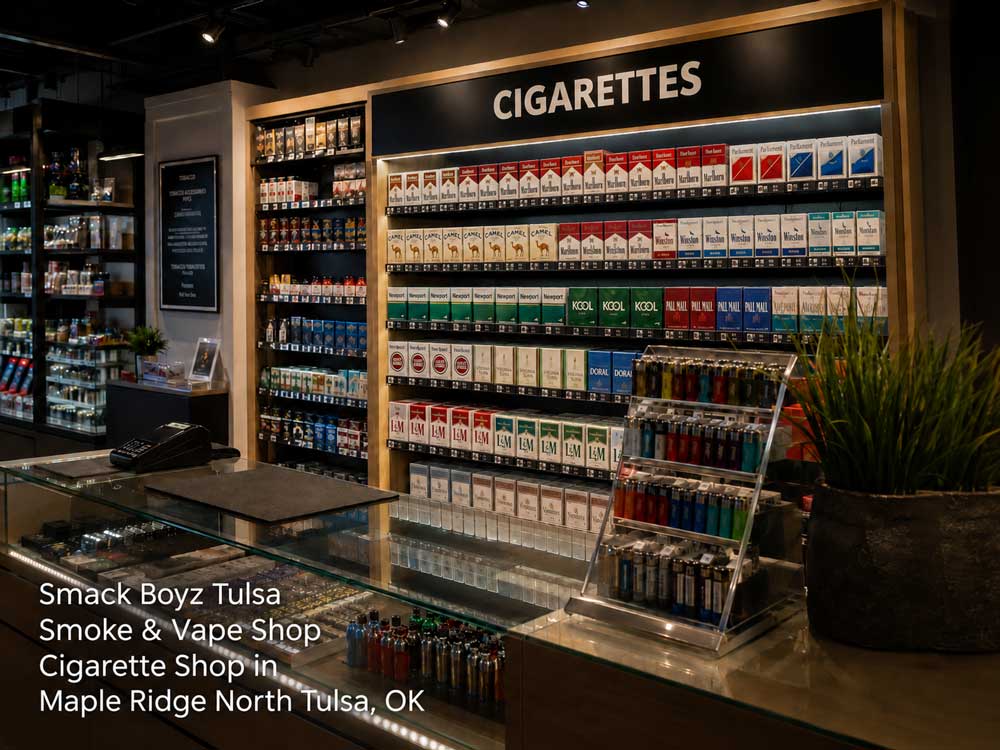 Interior counter and fully stocked product display shelves inside a premier cigarette shop Tulsa location.