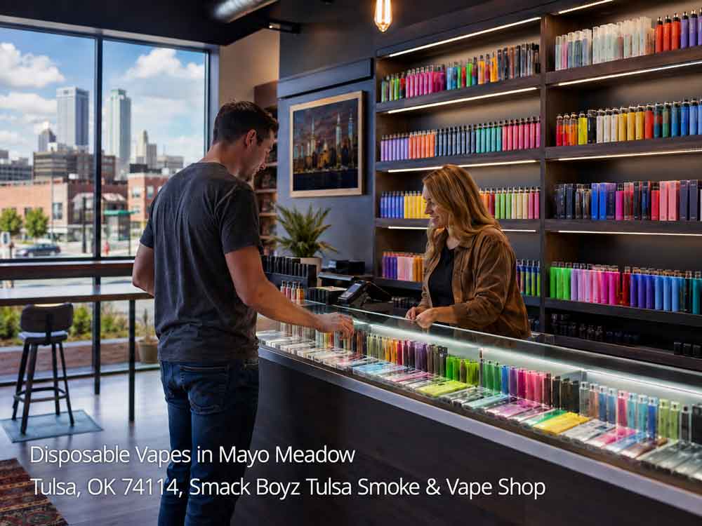 A customer browses a massive selection of colorful vape pens and quality smoke accessories at a Tulsa shop counter.