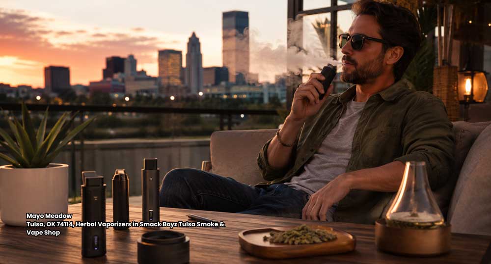 Man using portable herbal vaporizers Tulsa products outdoors on a patio with city skyline views at sunset.
