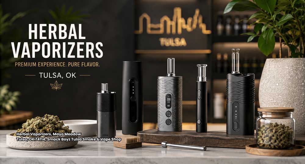 Customer browsing high-quality herbal vaporizers Tulsa selection inside Smack Boyz Smoke & Vape Shop in Mayo Meadow.