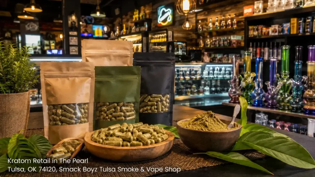 Bowls of bulk green kratom capsules and loose powder displayed on the counter at a Tulsa smoke and vape retail shop.