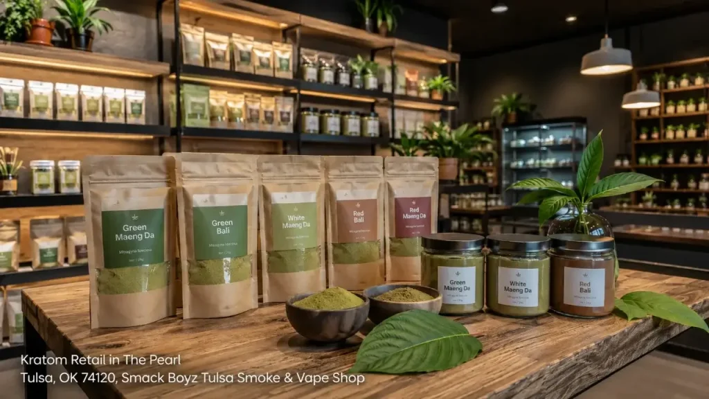 Kratom powder pouches and jars of Maeng Da and Bali strains on display at Smack Boyz Smoke Shop in Tulsa, Oklahoma.