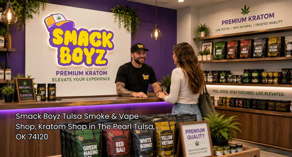 Kratom shop Tulsa employee assisting a customer at the counter with premium kratom products in a clean, modern retail store.