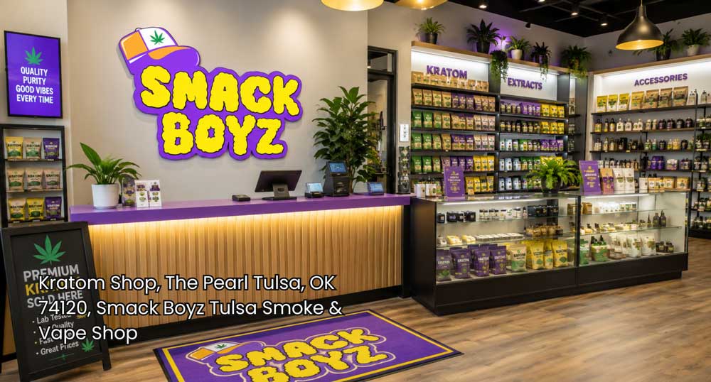 Bright kratom shop Tulsa interior showcasing premium kratom products, organized displays, clean counters, and bold branding.