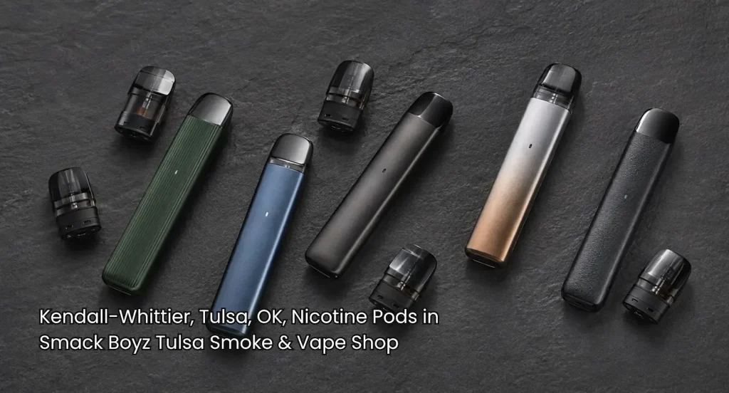 Modern pod systems and accessories on display at Smack Boyz, featuring top-rated nicotine pods Tulsa local shop offers.