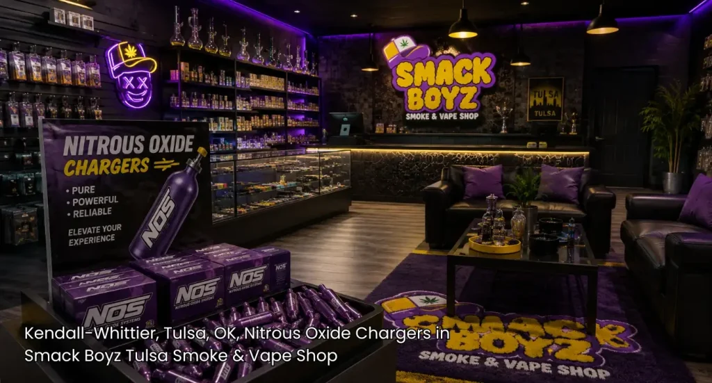 Spacious interior lounge area with product displays inside a well-stocked cigarette shop tulsa locals visit.
