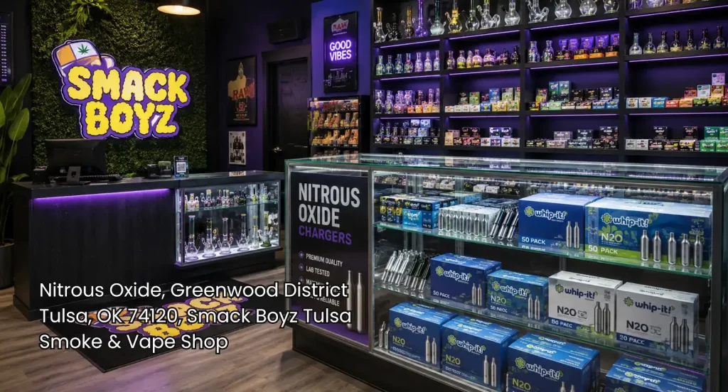 Clean smoke shop display featuring nitrous oxide Tulsa chargers and canisters arranged neatly inside illuminated glass cases.