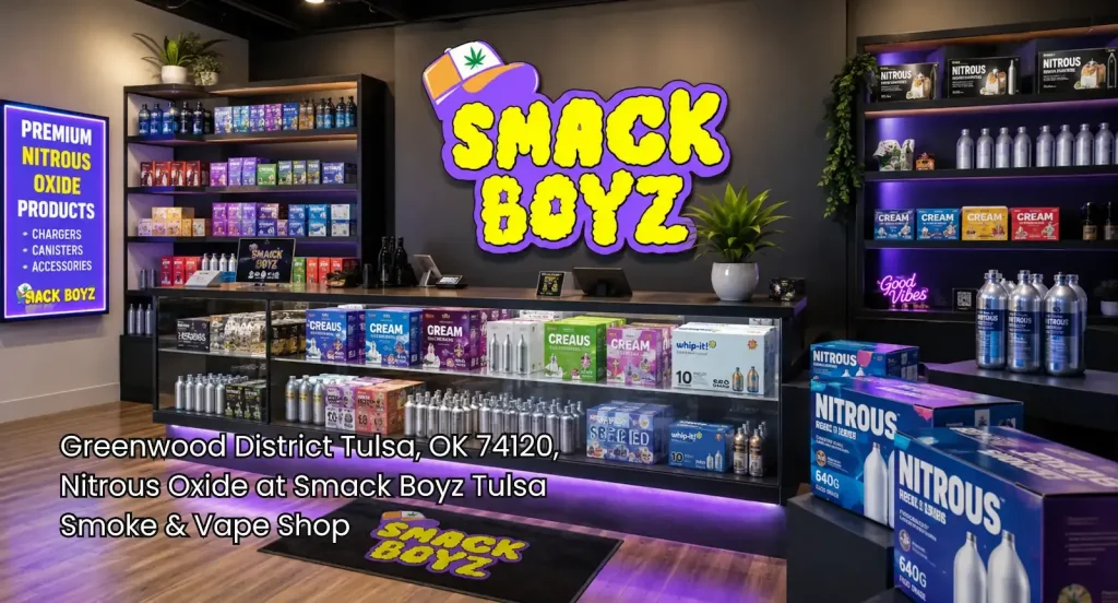 Smack Boyz shop displaying nitrous oxide Tulsa chargers, canisters, and accessories in a clean, organized retail setting.