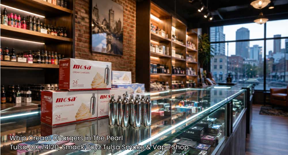 Quality Mosa cartridges and supplies stocked on glass counters at a top supplier of whip cream chargers tulsa.