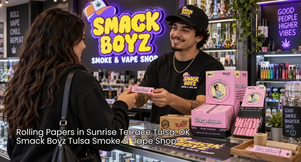 Customer buying Blazy Susan pink rolling papers Tulsa at Smack Boyz Smoke and Vape Shop counter from smiling cashier. 