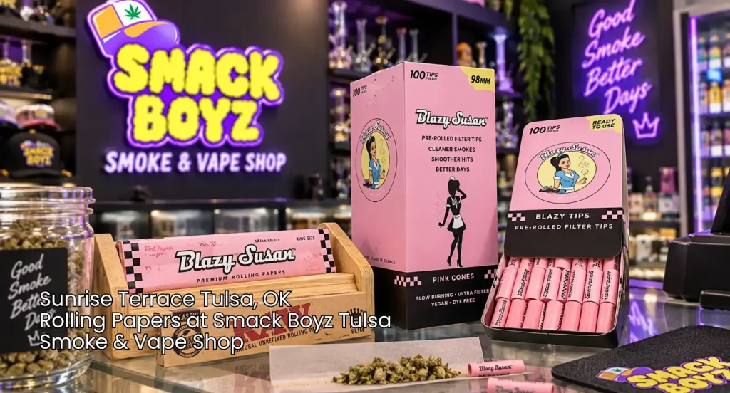 Display of Blazy Susan pink rolling papers Tulsa, filter tips, and rolled product on counter at Smack Boyz smoke shop.
