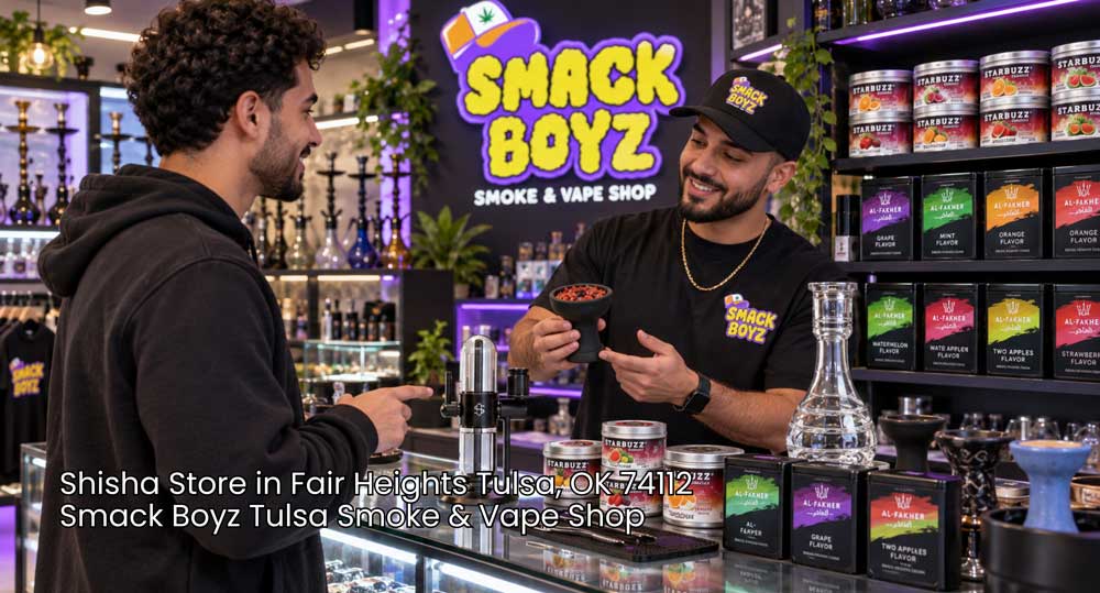 Employee showing a freshly packed hookah bowl to a customer at a shisha store Tulsa location, Smack Boyz shop.