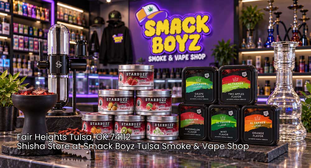Premium Starbuzz and Al-Fakher shisha tobacco tins displayed at a top-rated shisha store Tulsa shop, Smack Boyz.
