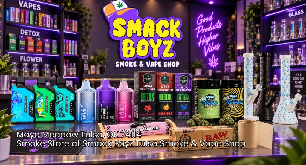 Wide selection of vapes, detox products, and glass pipes at Smack Boyz smoke store Tulsa.