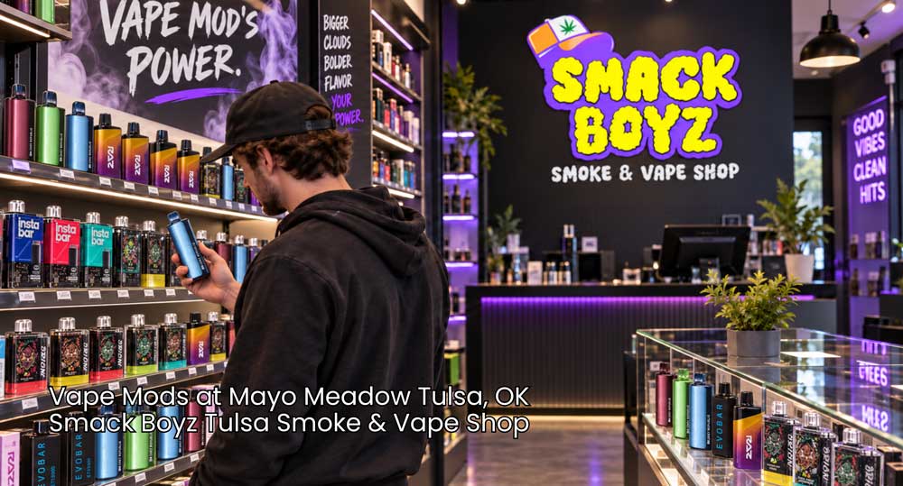 Man inspecting high quality vape mods Tulsa on display shelves inside modern Smack Boyz vape shop.