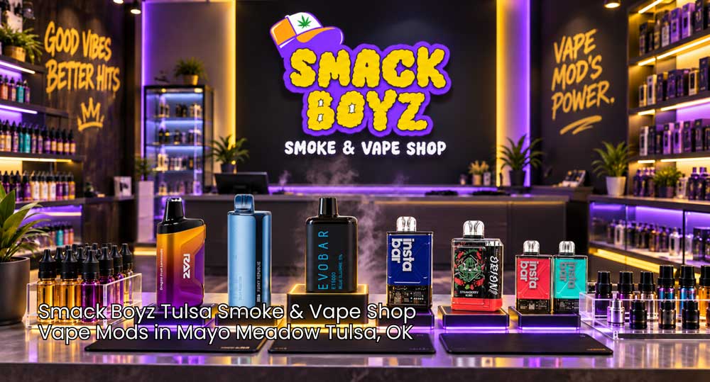 Selection of colorful e-cigarette devices and top vape mods Tulsa displayed on counter at Smack Boyz.