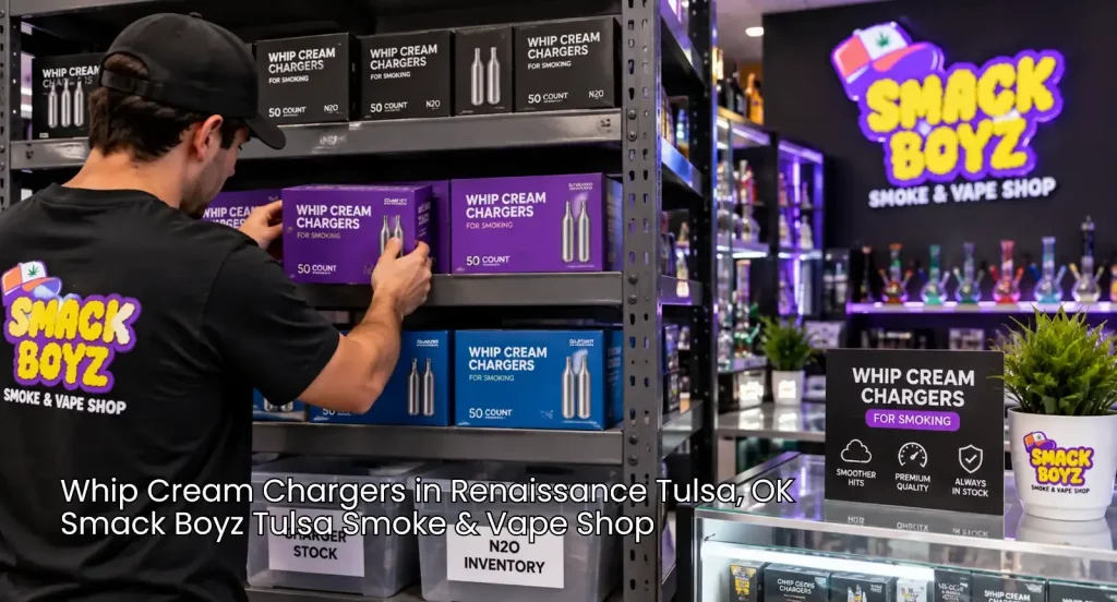 Whip cream chargers Tulsa shelves at Smack Boyz Smoke & Vape Shop, featuring boxed chargers, branded displays, and stock.