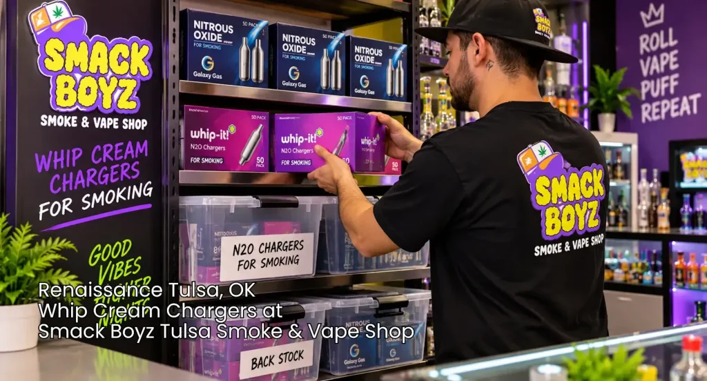 Whip cream chargers Tulsa storage scene at Smack Boyz Smoke & Vape Shop, showing boxed N2O chargers arranged in back stock.