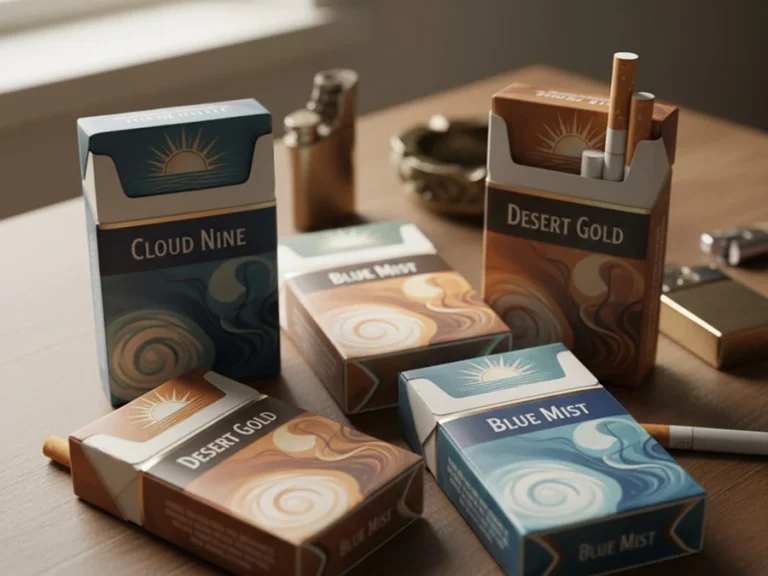 Stack of colorful cigarette packs displayed at Cigarette Shop Tulsa, offering a variety of smoking choices.