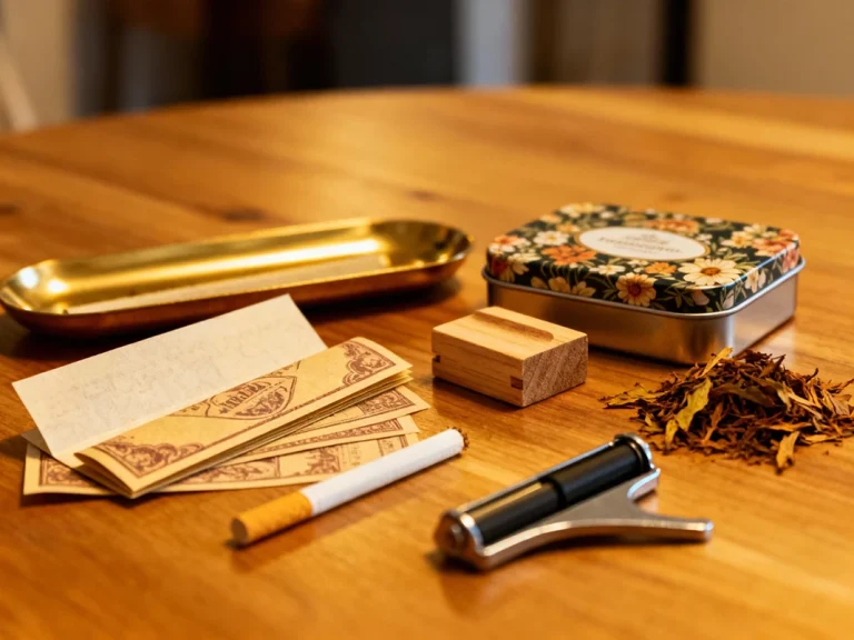 Golden rolling papers and tobacco on a table at Tobacco Store Tulsa, perfect for DIY smoking enthusiasts.