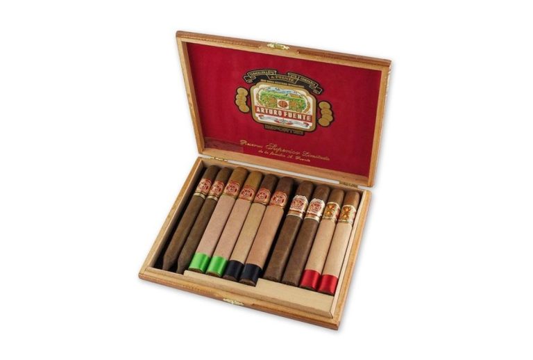 cigar shop tulsa premium arturo fuente cigars in open wooden box with colored foot bands and reserva superior limitada label