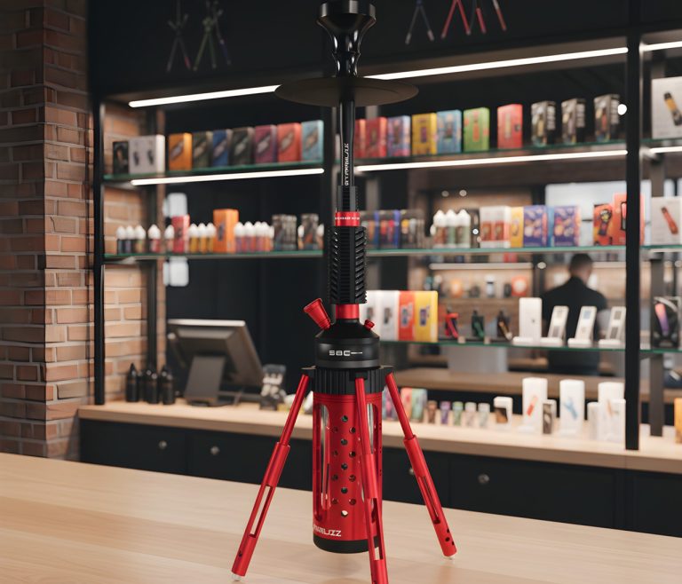 Premium red modern hookah on a counter at a shisha store Tulsa location, featuring a sleek industrial tripod design.