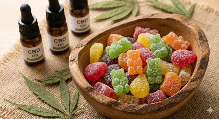 Assortment of vibrant CBD gummies in wooden bowl with hemp oil bottles – discover quality edibles at cbd shop tulsa.