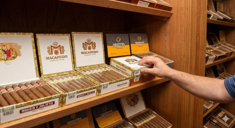 Customer selecting premium Macanudo cigars from a shelf stocked with Cohiba and Romeo y Julieta at the best cigar store Tulsa