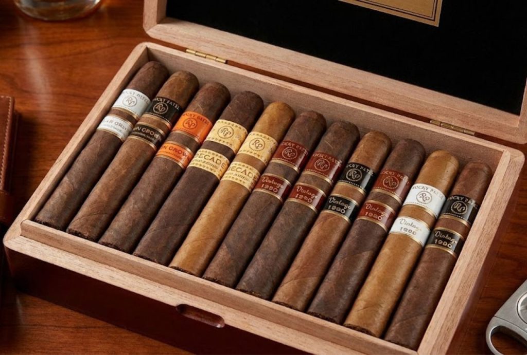 Cigar shop Tulsa features Rocky Patel sampler box with tasting journal and cutter for refined cigar loverS