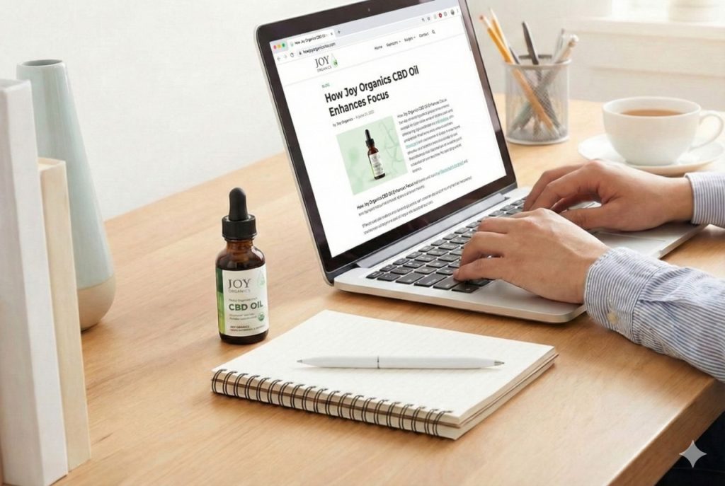 A bottle of Joy Organics CBD oil on a desk with a laptop and notebook. Shop quality products at a cbd store tulsa.