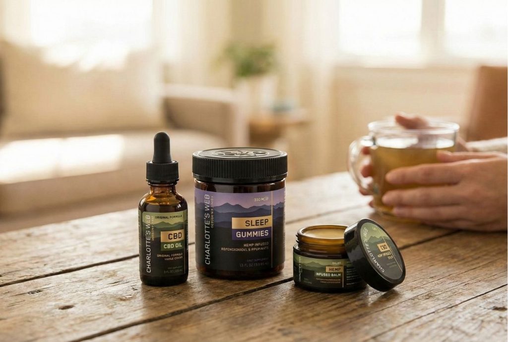 Charlotte's Web CBD oil, gummies, and balm on a wooden table in a cozy living room setting, a product line you might find at a CBD shop in Tulsa.