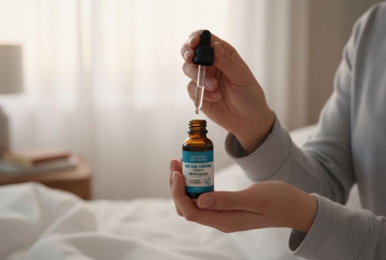 A hand holding a dropper above a bottle of Lazarus Naturals CBD:CBN Tincture in a bedroom setting. Shop at a local cbd store tulsa.