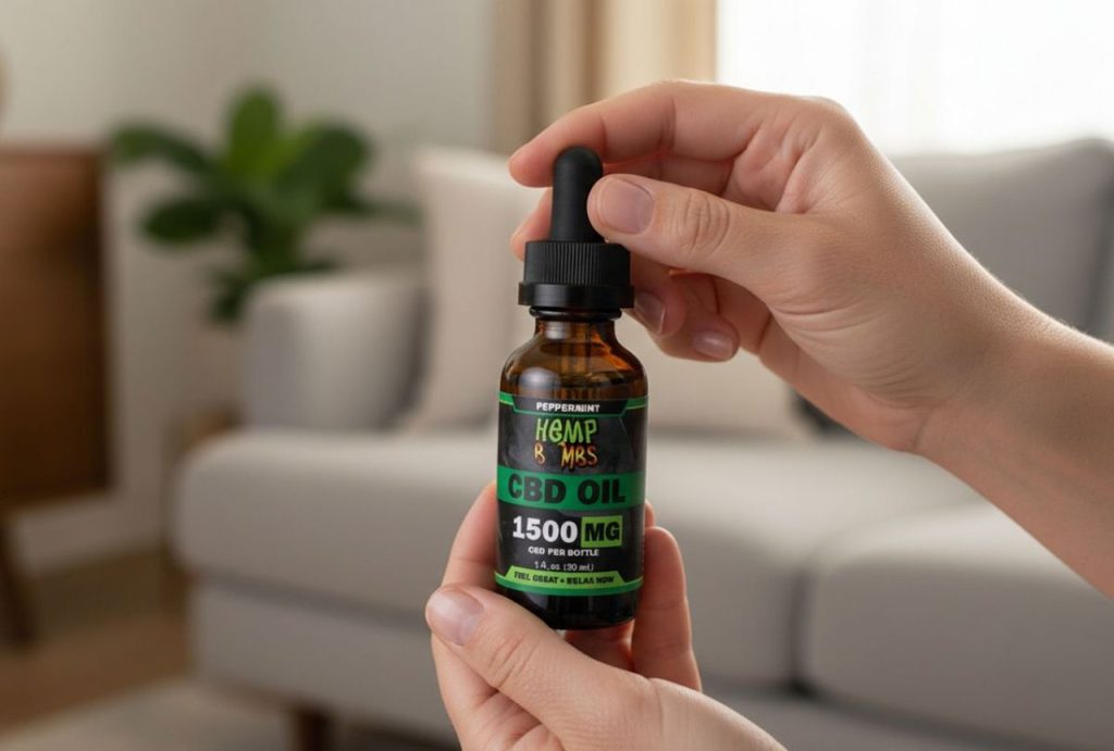 Hands hold a bottle of Hemp Bombs 1500mg CBD oil, showcasing a popular item available at a local CBD store Tulsa.